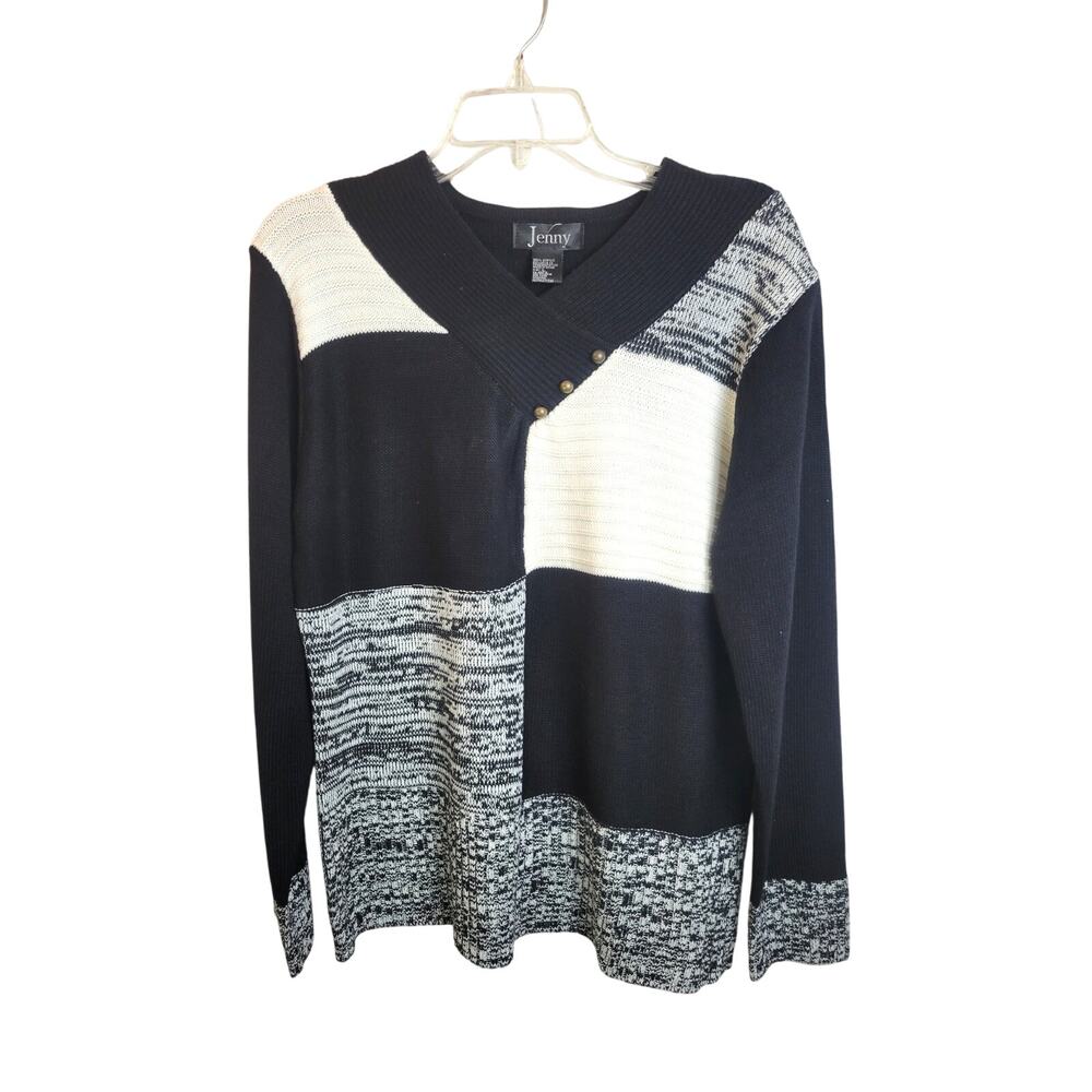 NWOT VTG Colorblock Pullover Sweater Women's Size Large Jenny Black White V-Neck